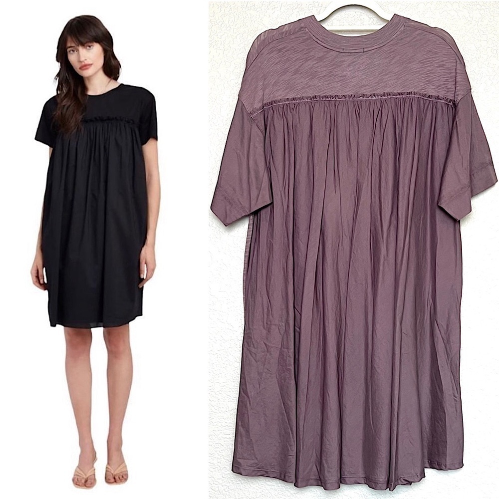 NWT ATM Plum Mixed Media Cotton Short Sleeve Ruched Babydoll T Shirt Dress S